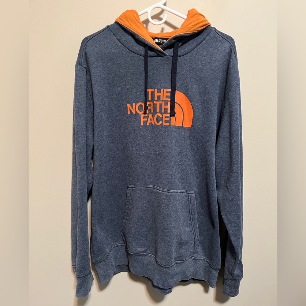 The North Face Men's Blue Hoodie with Orange Logo, size XL
